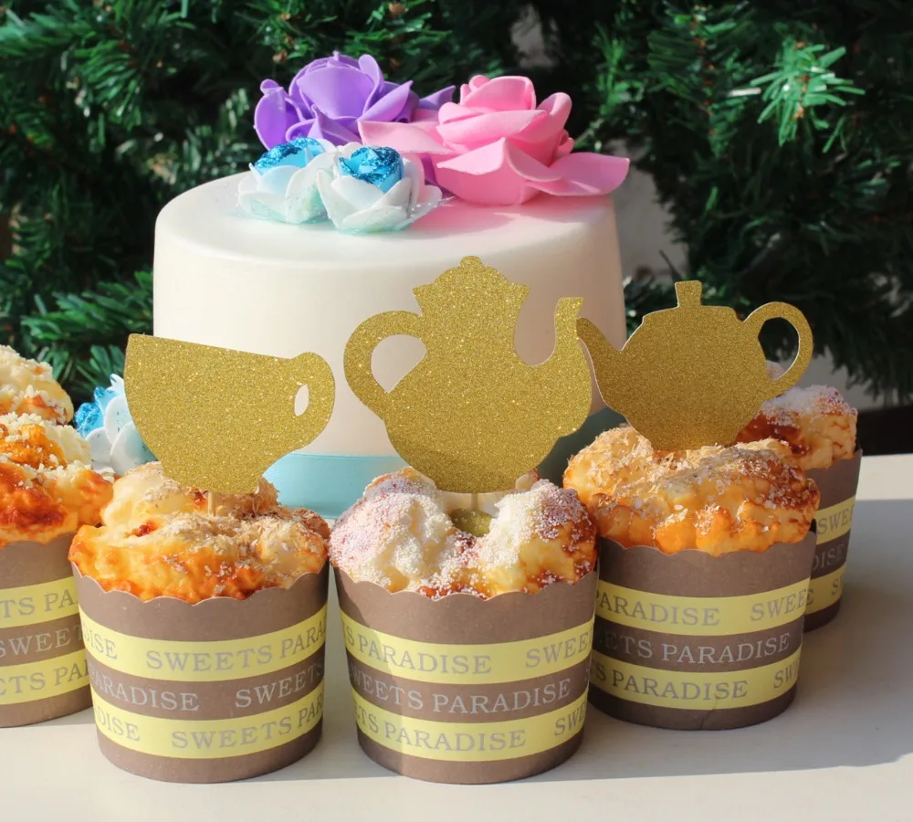 16 Glitter Gold Tea Party Teapots Tea Cup Cupcake Toppers Baby