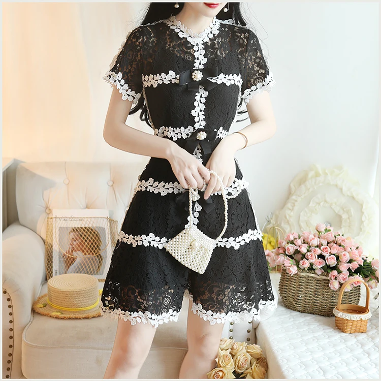 New Summer Fashion Hollow Out Crochet Lace Dress Women Short Sleeve Beading Back Lace-up Vintage Dress Party Vestidos