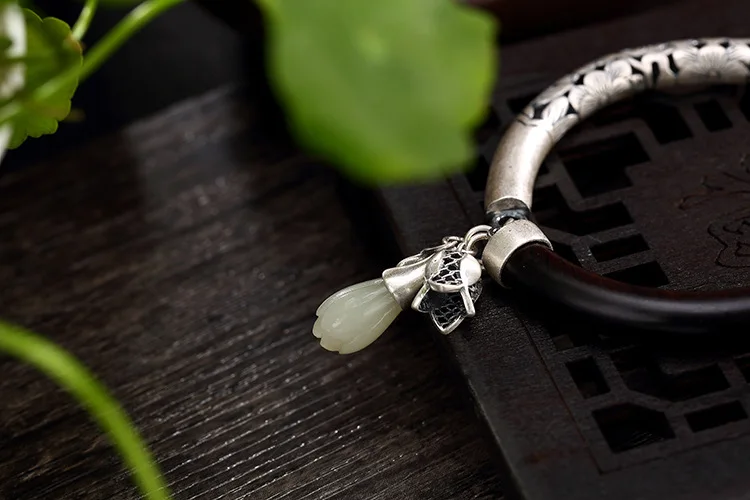 Винтажный тайский серебряный браслет для женщин, Настоящее 925 пробы, серебряный элегантный белый нефритовый браслет, хорошее ювелирное изделие
