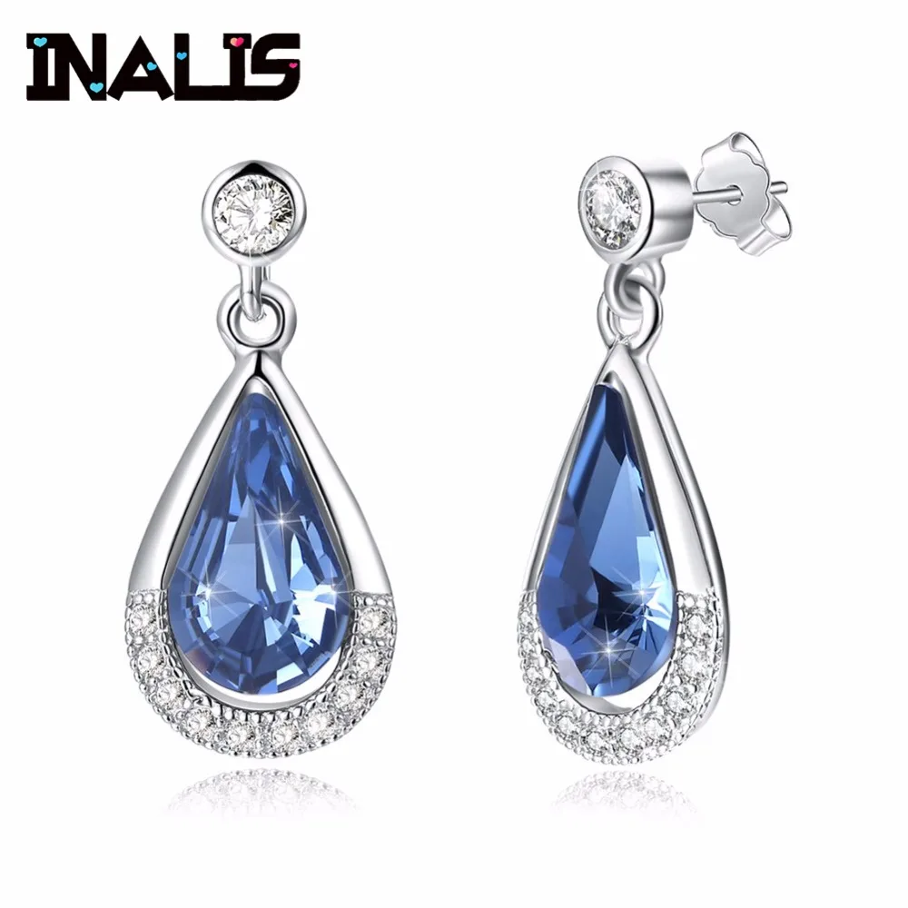 

INALIS Vintage Drop Earrings 925 Sterling Silver Waterdrop Blue Natural Austria Crystal Pendant Micro Paved Clear CZ Brincos