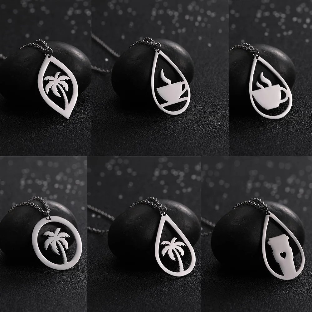 

Lemegeton Stainless Steel Hollow Water Drop Necklace Coconut Palm Tree Coffee cup Pendant Necklace Summer Beach Jewelry