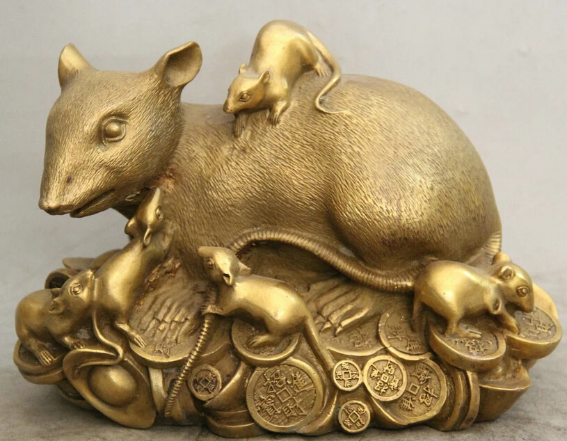 

S5736 9" Chinese Brass Wealth Money Zodiac Year mother and son Mouse sculpture Statue D0317