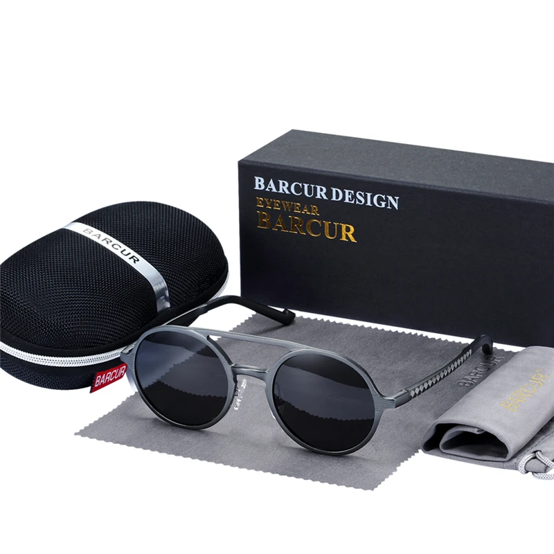 

BARCUR Steampunk Men Sunglasses Men Brand Driving Polarized Sunglasses Round Sun Glasses Aluminum Magnesium oculos de sol male