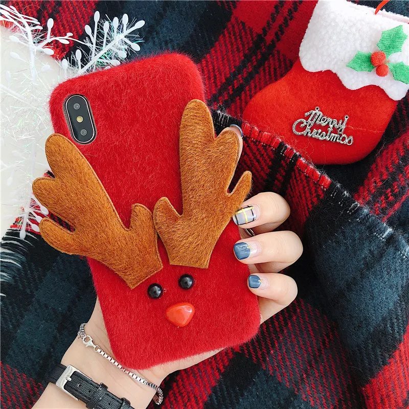 Aoweziic Christmas three-dimensional elk antler for iphone xs max  phone case 6s 7plus red plush velvet anti-fall  soft shell 8 
