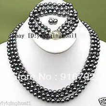 КРАСИВАЯ 3Row AAA 7-8 мм Черный Akoya Жемчужное Ожерелье Браслет(C0322