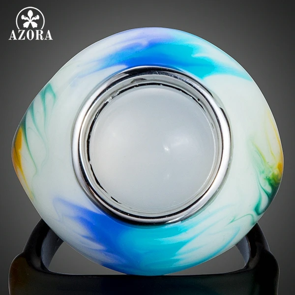 AZORA Unique Design Attractive Round Cat's eye stone Oil Painting Pattern Ring Women TR0159