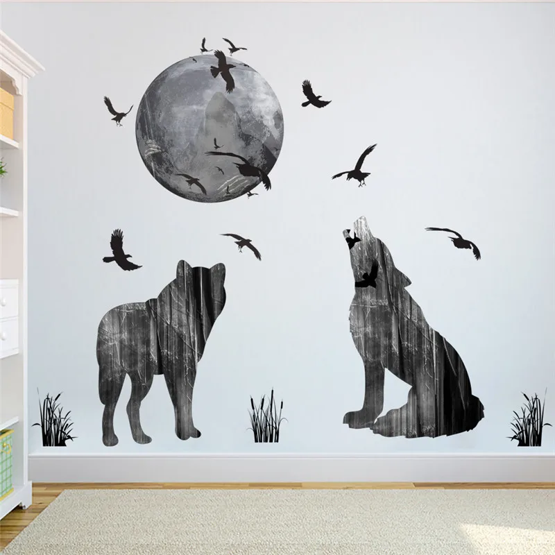 Лес Луна волк наклейки на стену ПВХ материал лес птицы Сделай Сам настенный постер в виде животных для детской комнаты украшение Фреска Искусство