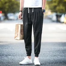 2019 Summer Korean Men's Thin Lantern Pants Linen Pants Cotton Taj pants Loose elastic waist elastic black casual pants