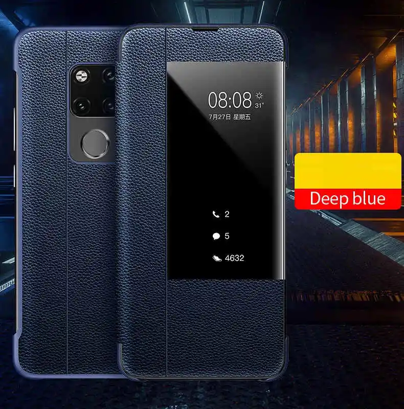 Smart Touch Window View Genuine Leather Flip Cover Case For Huawei P30 P20 lite Mate 9 10 20 Pro Phone Case For Huawei P10 Plus - Цвет: blue