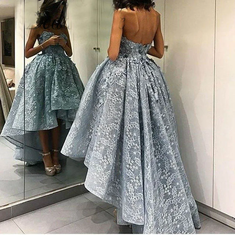 Dusty-Blue-High-Low-Ball-Gowns-Prom-Dresses-2019-Fashion-3D-Flowers-Long-Back-Short-Front