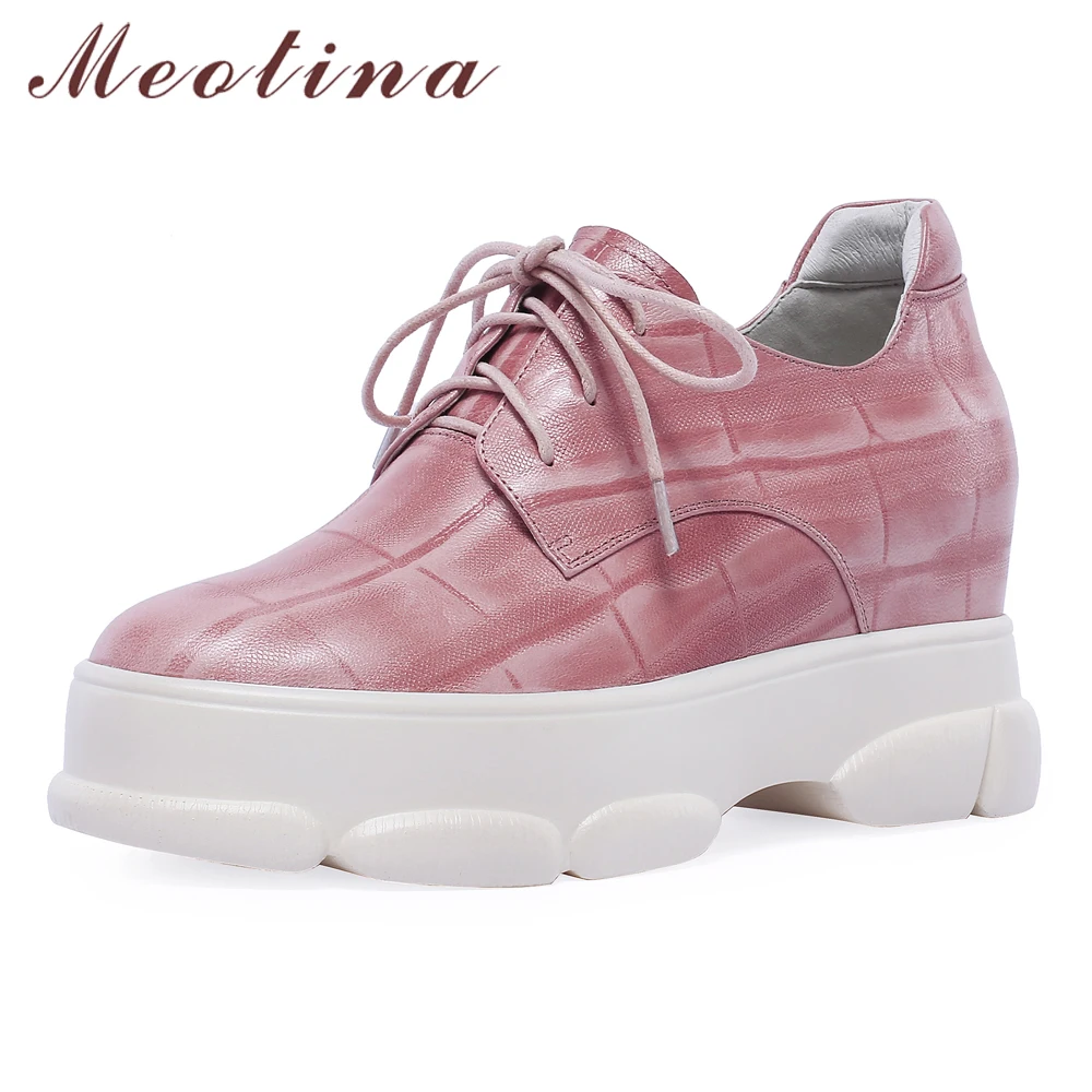 

Meotina Women Pumps High Heels Natural Sheepskin Platform Wedge High Heels Shoes Genuine Leather Lace Up Casual Shoes Pink 4-10