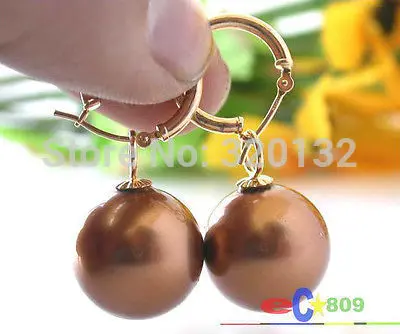 

16MM ROUND COFFEE SOUTH SEA SHELL PEARL DANGLE EARRING WHOLESALE 4pcs (2 Pairs) 18K Gold Plated Hook Earrings Free Shiping