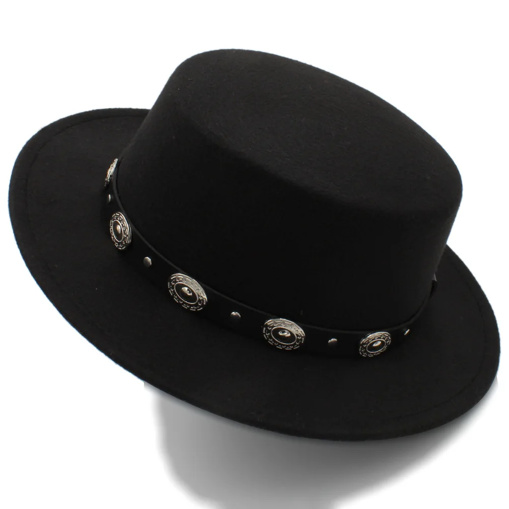 

Wool Women Flat Homburg Fedpra Hat For Winter Autumn Elegant Hat Wool Pork Pie Boater Hat With Punk Belt Tocados Invitada Boda