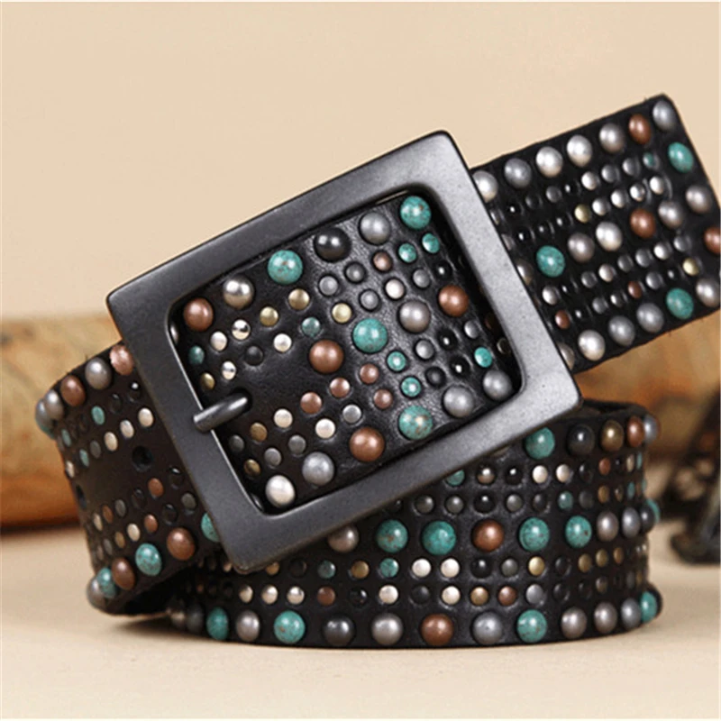 

Colorful Stud Rivet Women Belt Genuine Leather Belts For Women Wide Waist Belt Punk Famale Belt Ceinture Femme WBT0058