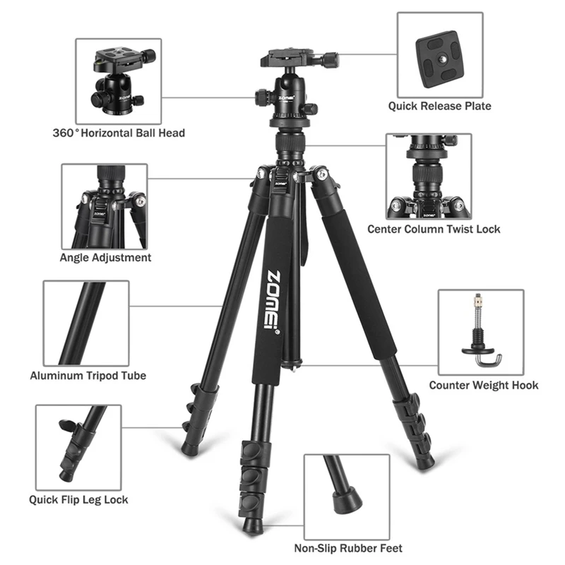 Zomei-Q555-professional-aluminum-flexible-camera-tripod-stand-with-ball-head-for-DSLR-cameras-portable (2)
