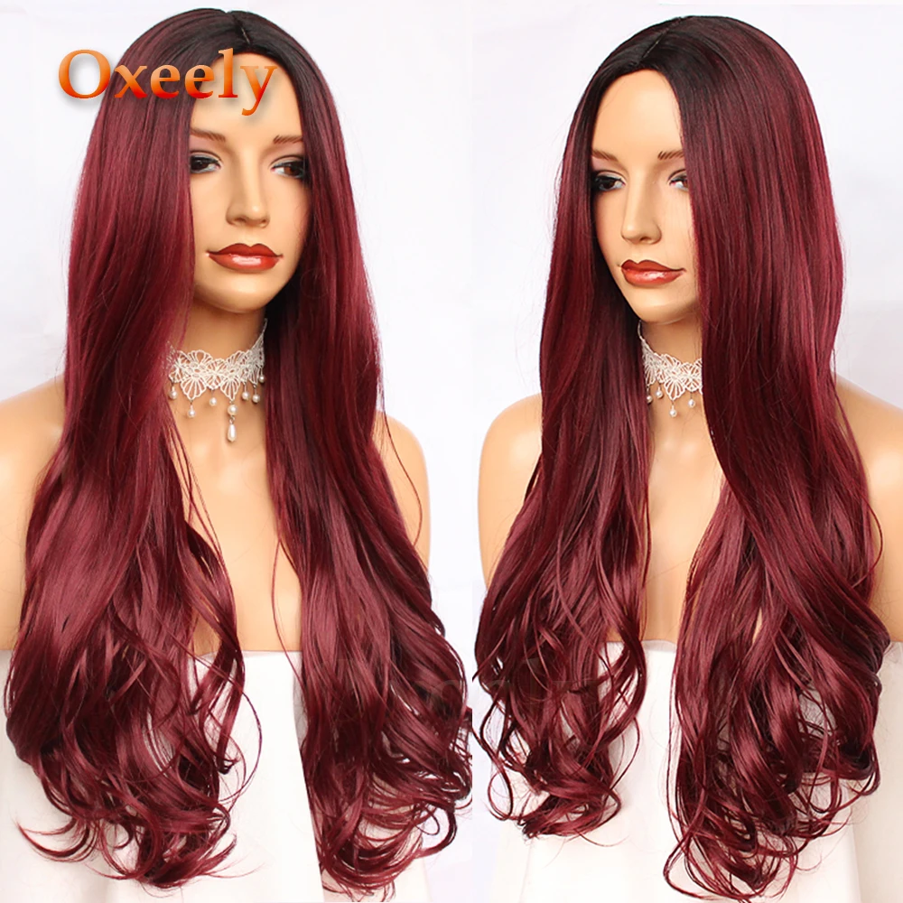 Oxeely Burgundy Long Wavy Hair Synthetic Hair Full Wig Red Natural Body Wave None Lace Wig Heat Resistant Deep Parting for Women