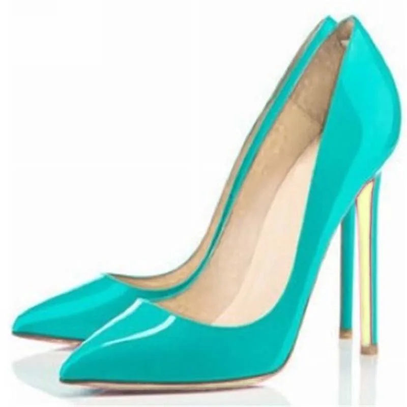 2019 Spring Newest Sky Blue Patent Leather High Heels Girls Pointed Toe Sexy Pumps Big Size 42 Thin Heels Woman Shoe