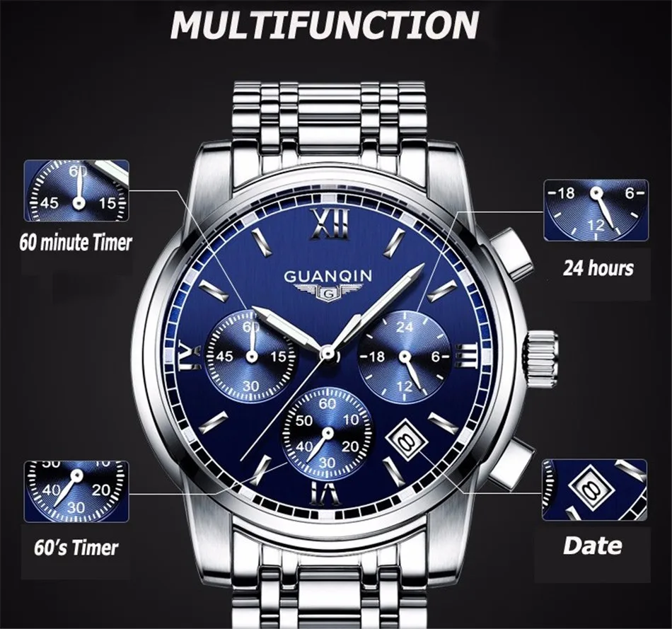 Fashion Watch men Luxury top brand GUANQIN steel men watch luminous waterproof Wristwatch multifunction Men Clock quartz watch 26