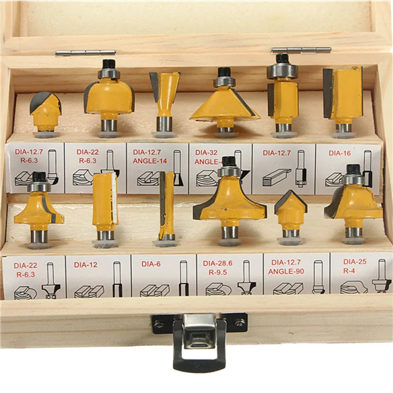 

12 Pcs 1/4 Inch Professional Shank Tungsten Carbide Router Bit Set with Wood Case HYD88