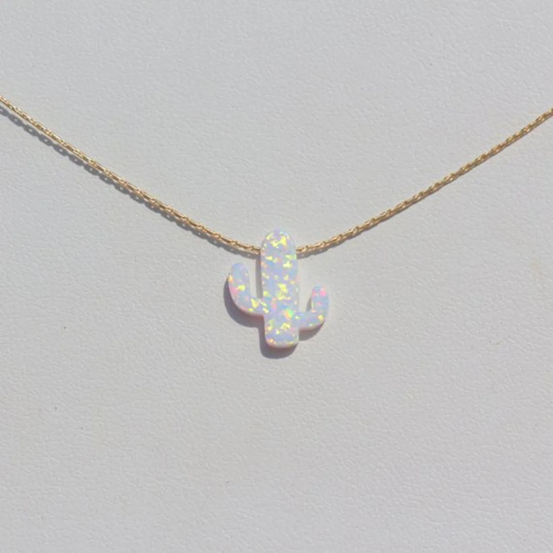 Natural Opal Stone Cactus Necklaces & Pendants Women Natural Plant Jewelry Silver Gold Chain Choker Necklace Birthday Gifts