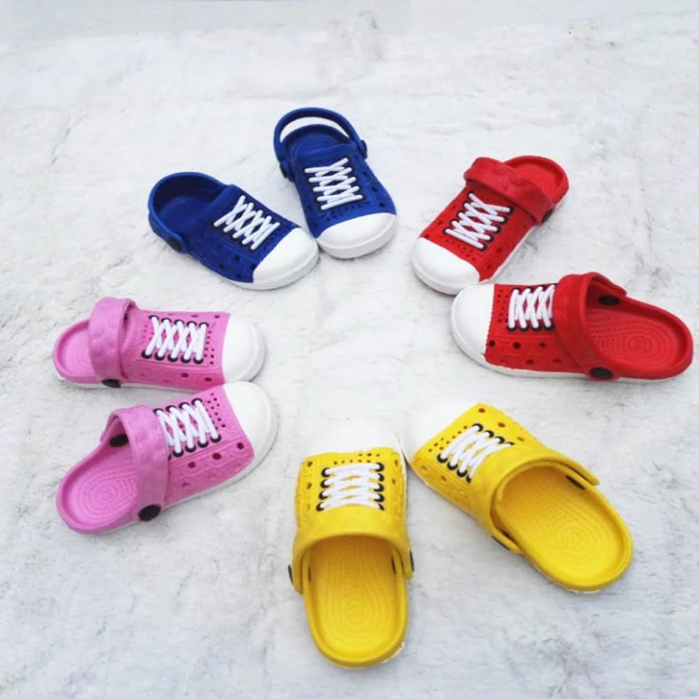 Разноцветная детская парусиновая обувь с кружевными отверстиями, пляжные сандалии EVA, садовые шлепанцы для девочек и мальчиков