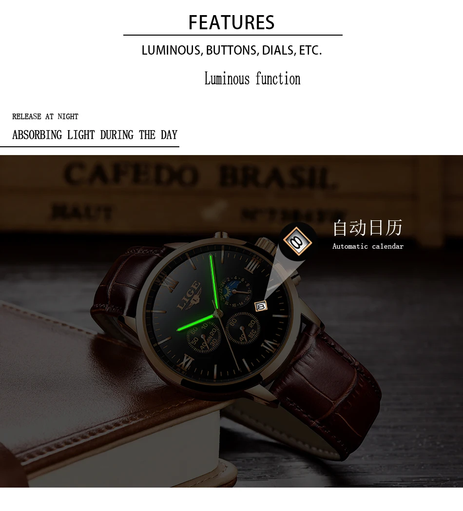 LIGE Mens Watches Top Brand Luxury Fashion Watch Men Leather Quartz Clock For Male Auto Date Rose Gold Shell relogio masculino