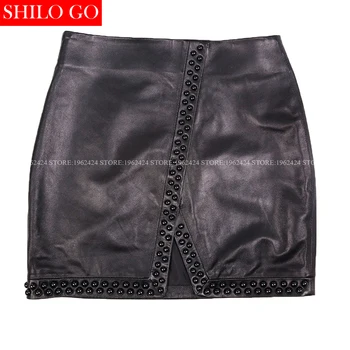 

Winter autumn fashion new women high quality sheep skin sexy black beading split pencil zipper sheep leather skirt 4XL
