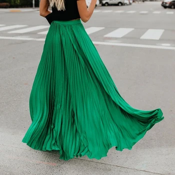 

Bohemian Pleated Long Skirt Lady Loose Soild High Waist Length Skirt All-match Womens Ankle-Length Maxi Skirts Womens
