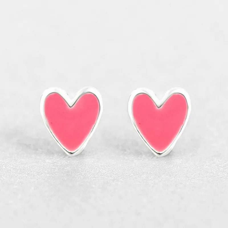 

925 Sterling Silver Earring Fashion Cute Tiny Red Pink Glaze Heart Stud Earrings Gift For School Girls Kids Lady
