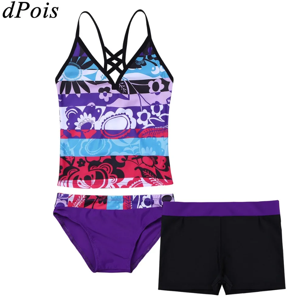 

3Pcs Teens Kids Floral Printed Swimwear Girl Tank Tops with Bottoms Shorts Tankini Girls Bikini Set 2019 Swimsuit Age 4 to 16
