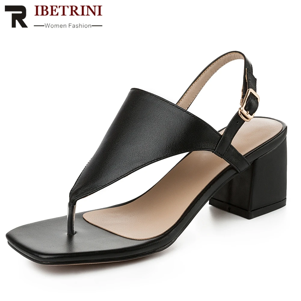 

RIBETRINI 2019 Summer Genuine Leather Shoes Sandals Woman Chunky High Heels T Strap Woman Party Sandals Shoes Women Size 34-40