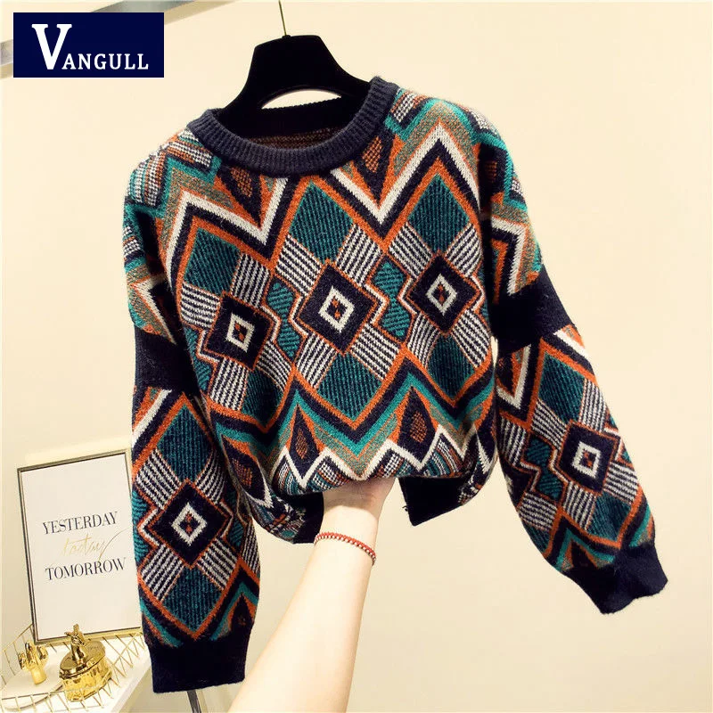 VANGULL Высококачественный свитер с геометрической вышивкой, весенне-осенний Свободный вязаный свитер, пуловер, женский свитер с круглым вырезом, женские топы