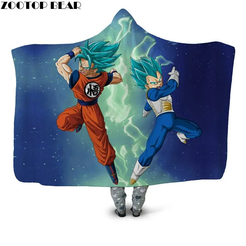 Blue Anime Hooded Blanket 3D Print Sherpa Blanket Fashion Travel Youth Outlet Plush Throw Wearable Fleece Blanket Dragon Ball