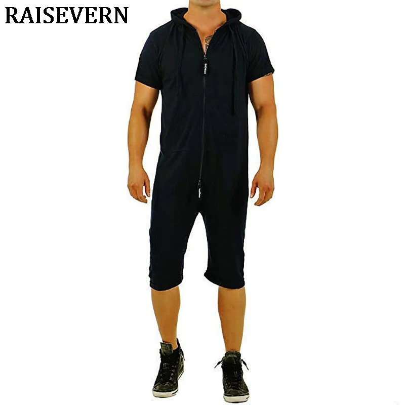 

Men Short Sleeve Hoodies Jumpsuit Zipper Overalls Tracksuit Streetwear Casual Loose Fitness Playsuits Male Set 2019 Plus Size
