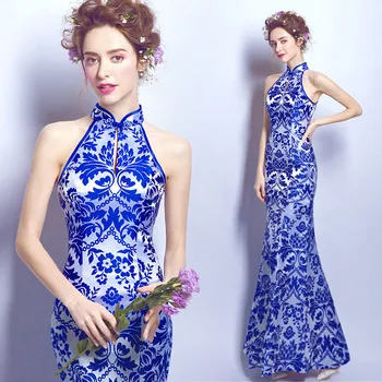 lace wedding cheongsam modern designer traditional dresses blue and white porcelain dress chinese oriental with women qipao