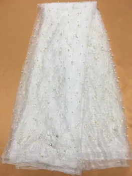 

2018 Latest African French Lace Fabric High Quality African Tulle Lace White Color wedding lace fabric with beaded