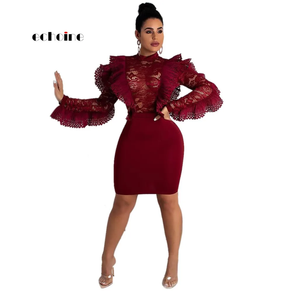 

Echoine Party Dress For Women Burgundy Lace Perspective Hollow Out Lotus Leaf O-neck Long Sleeved Fashion Wrapped Hip Dresses