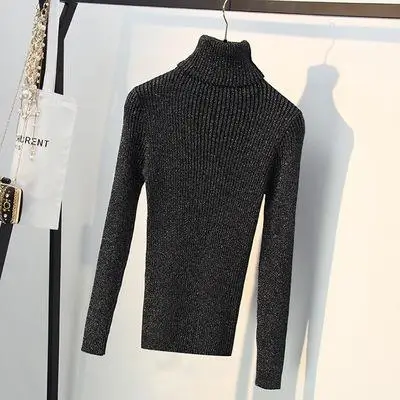 Базовый свитер с высоким воротником для женщин блестящие пуловеры с длинным рукавом трикотажные топы Женский пуловер рубашки Зимние вязаные топы ткань - Цвет: black