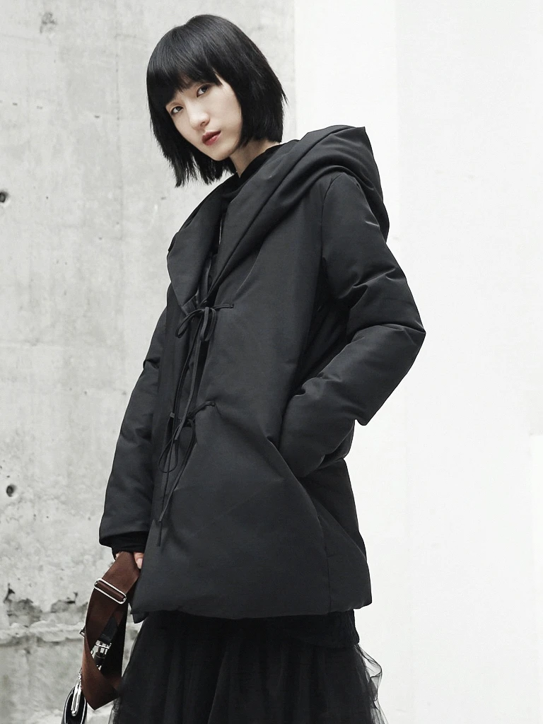 Parka Design Chaud Lâche À D'hiver Cakucool Noir Longue Manteaux Mince Minimaliste Femmle Veste Outwear Capuchon Mi Coton Rembourré Dentelle up qwtZU6
