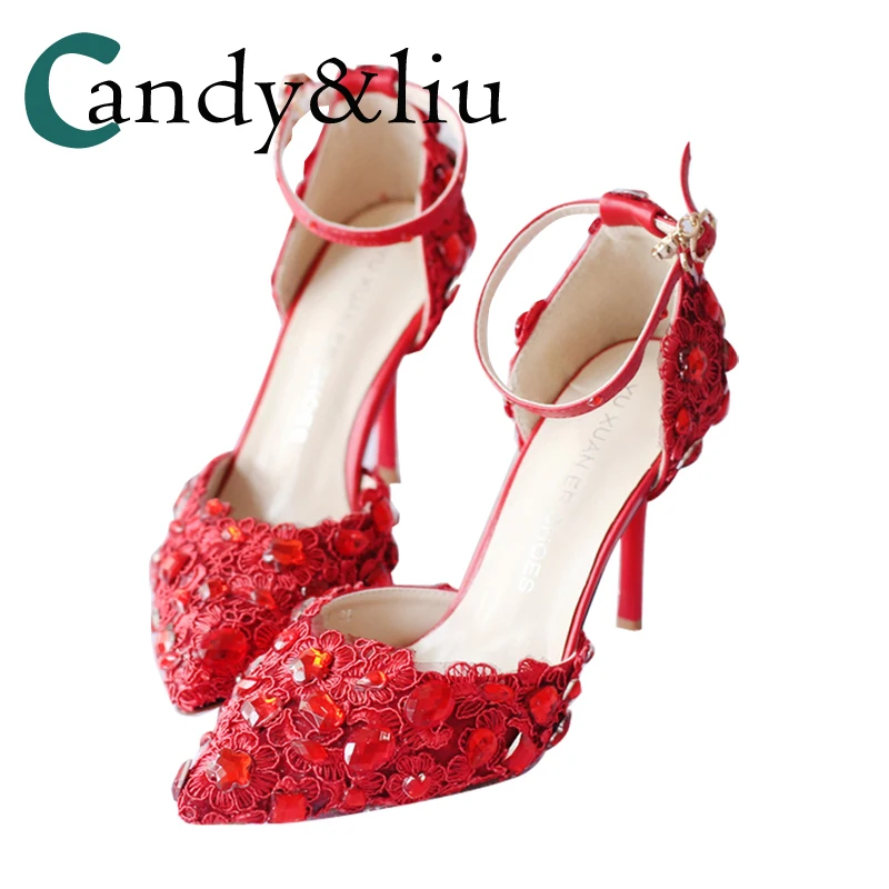 

Women Red Wedding Shoes Bling Lace Flowers Retro Pumps Pointed Tol High Heels for Bride Party Banquet with Crystal Dress Shoes