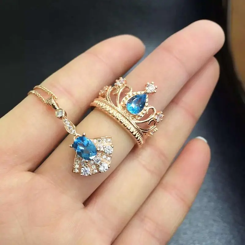 Qi Xuan_Blue Stone Fashion Crown Jewelry Sets_Finger Rings_Rose Gold Color sets_производитель прямых продаж |