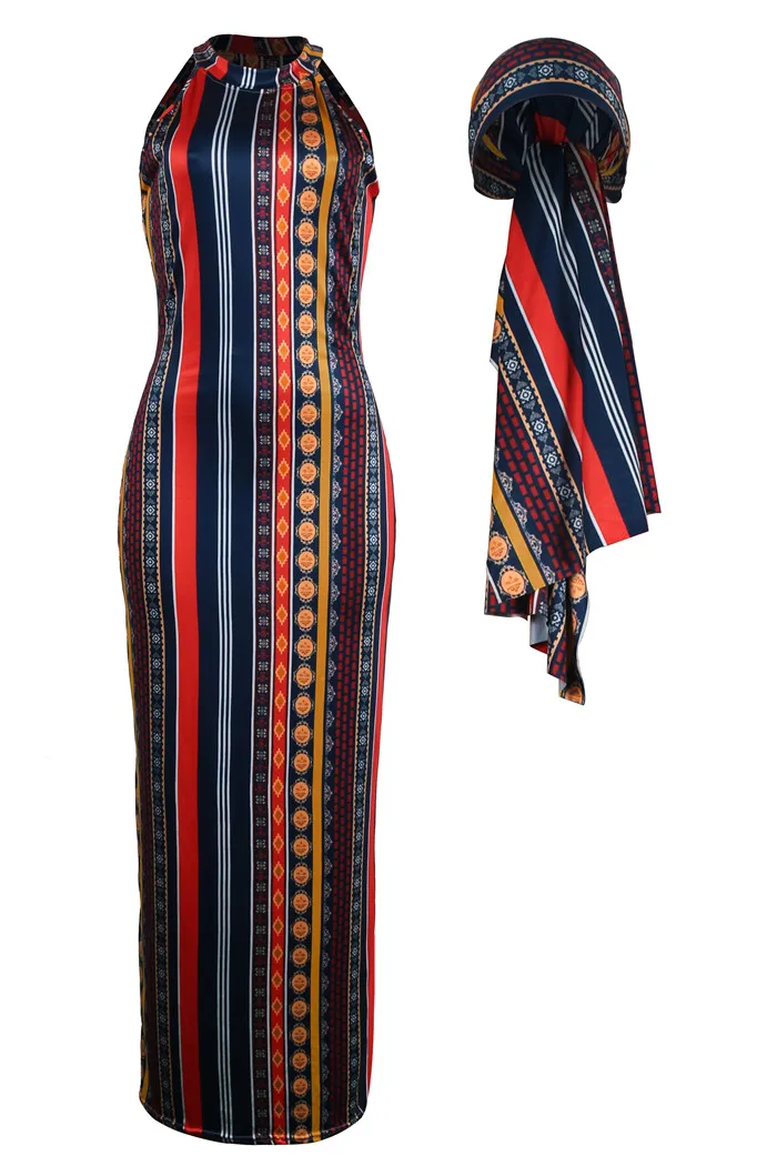 Для женщин в новом костюм в африканском стиле и сексуальные полосы богемное Платье с принтом(включая платок