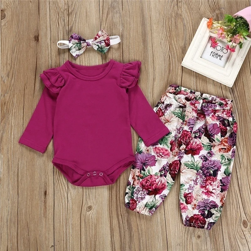 

1-2Y Infant Baby 3pcs Casual Set Baby Girls Pure Color Tops + Floral Pants +Headband Set