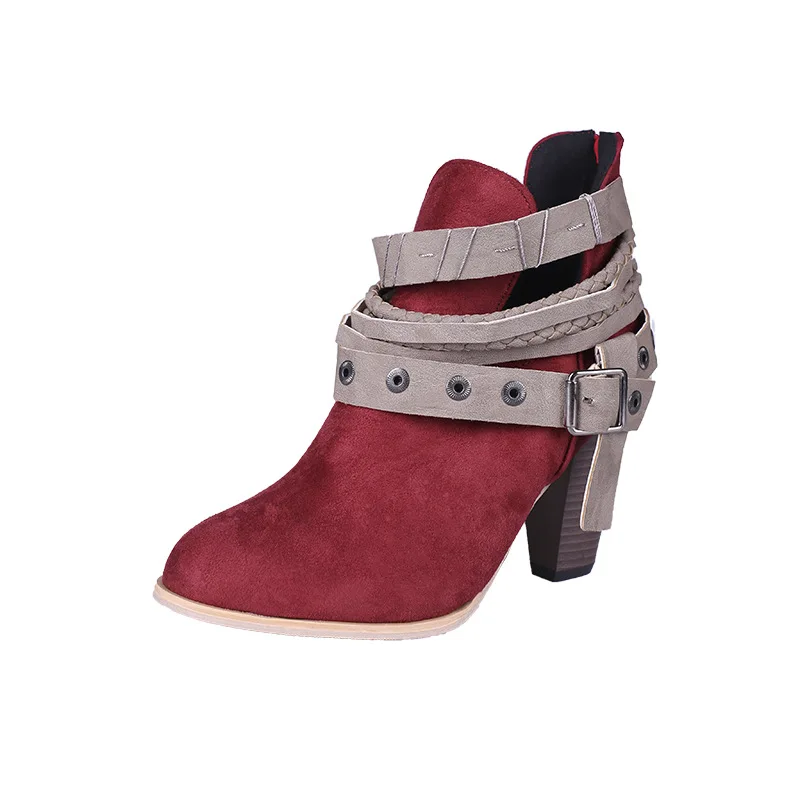 

2018 autumn new European and American large size thick with back zipper belt buckle women's boots red 1119