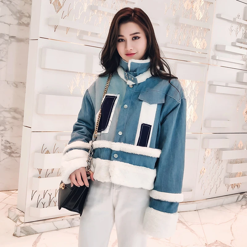 2018 Winter Berber Fleece Splice Denim Jacket Women Contrast Color Warm Turtleneck Denim Jackets 