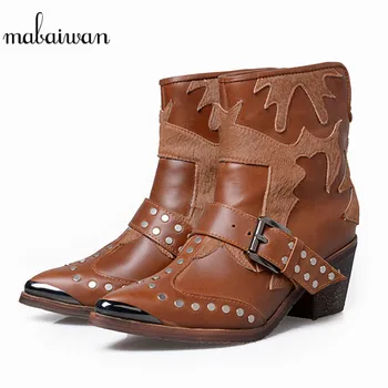 

Mabaiwan Fashion Rivets Women Shoes Genuine Leather Pumps Autumn Winter Ankle Boots High Heel Shoes Woman Buckle Feminina Bota