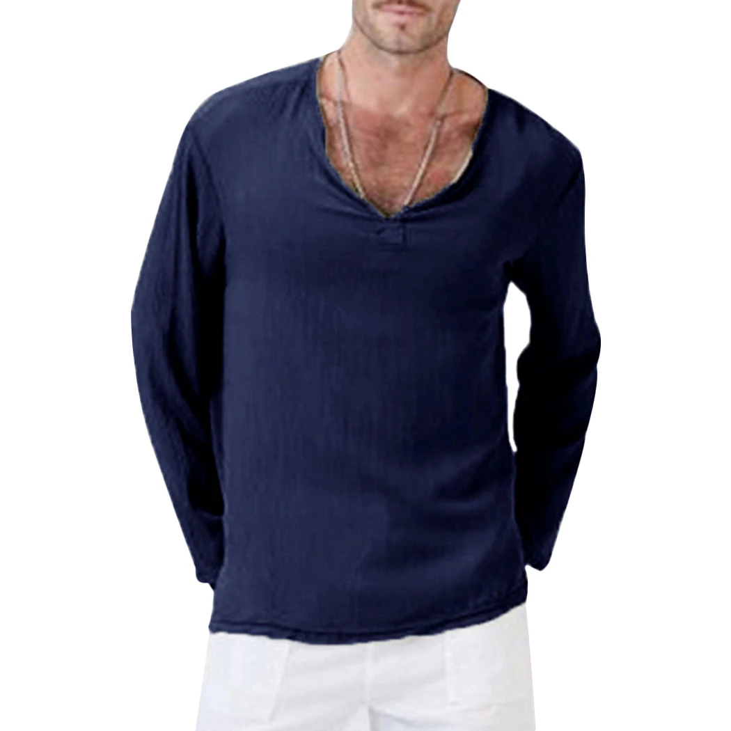 Cotton Linen T Shirt Men Vintage Long Sleeve V Neck Loose Tops T Shirt Casual Solid Color Male