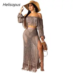Helisopus полый сексуальный женский комплект из 2 предметов с кисточками, Вязаный топ с длинными рукавами, юбка макси с разрезом сбоку, летние