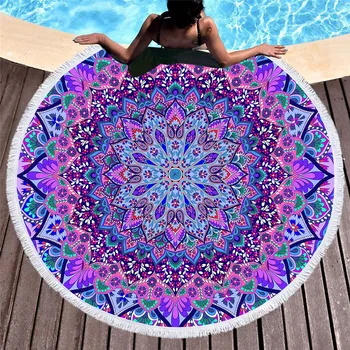

Round Microfiber Blanket Beach Towel for Kids Adults mandala geometric Printed Tassel Yoga Mat Large Towel 59in
