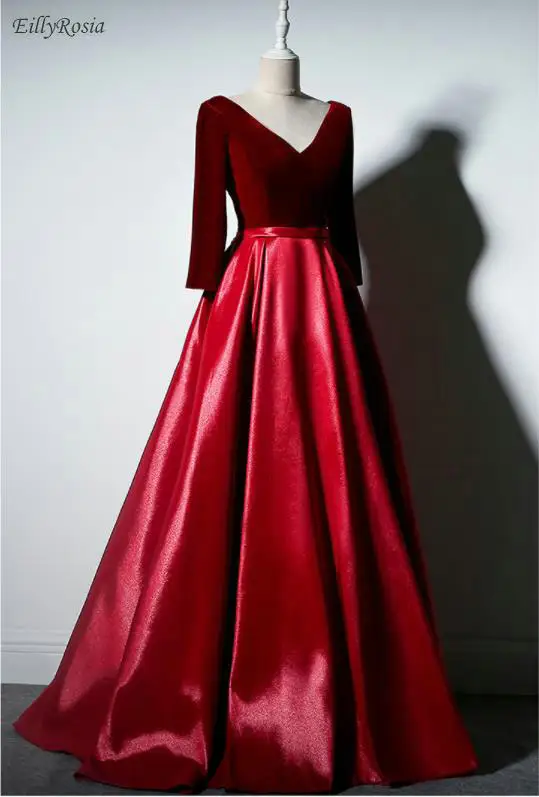 Bourgondië Speciale Gelegenheid Jurken voor Wedding Party Satin Fluwelen Lange Mouwen Moeder van de Bruid Jurken vestido de festa longo Bourgondië Speciale Gelegenheid Jurken voor Wedding Party Satin Fluwelen Lange Mouwen Moeder van de Bruid Jurken vestido de festa longo
